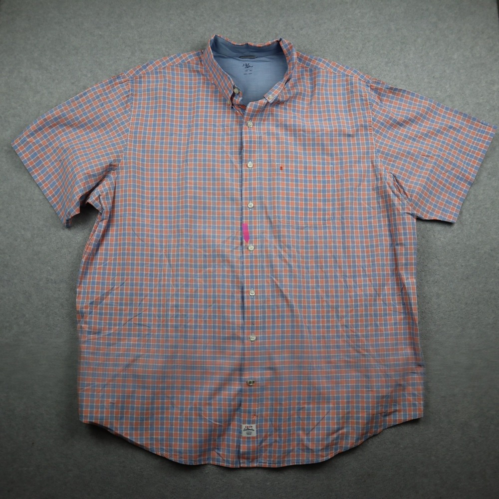 IZOD Saltwater Button Down Shirt Mens 3XLT Tall Short Sleeve Orange Blue Plaid